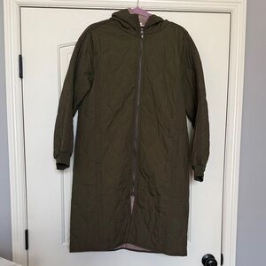Quilted Hooded Long Coat - Olive Green- Fully Lined Mauve/lilac- Size S/M